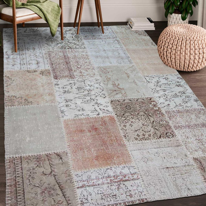 Authentique tapis Noué main en Turquie motif Patchwork beige