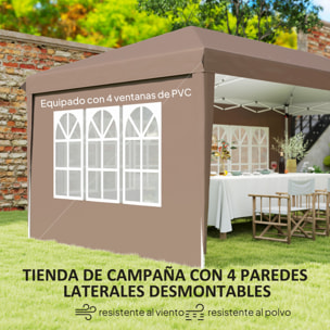 Carpa Plegable 6x3 m, Pop-up, con 4 Laterales Desmontables, Cenador de Jardín con 4 Ventanas Visibles y Bolsa de Transporte, Impermeable, Anti-UV, Gazebo para Camping, Fiestas, Exterior, Café