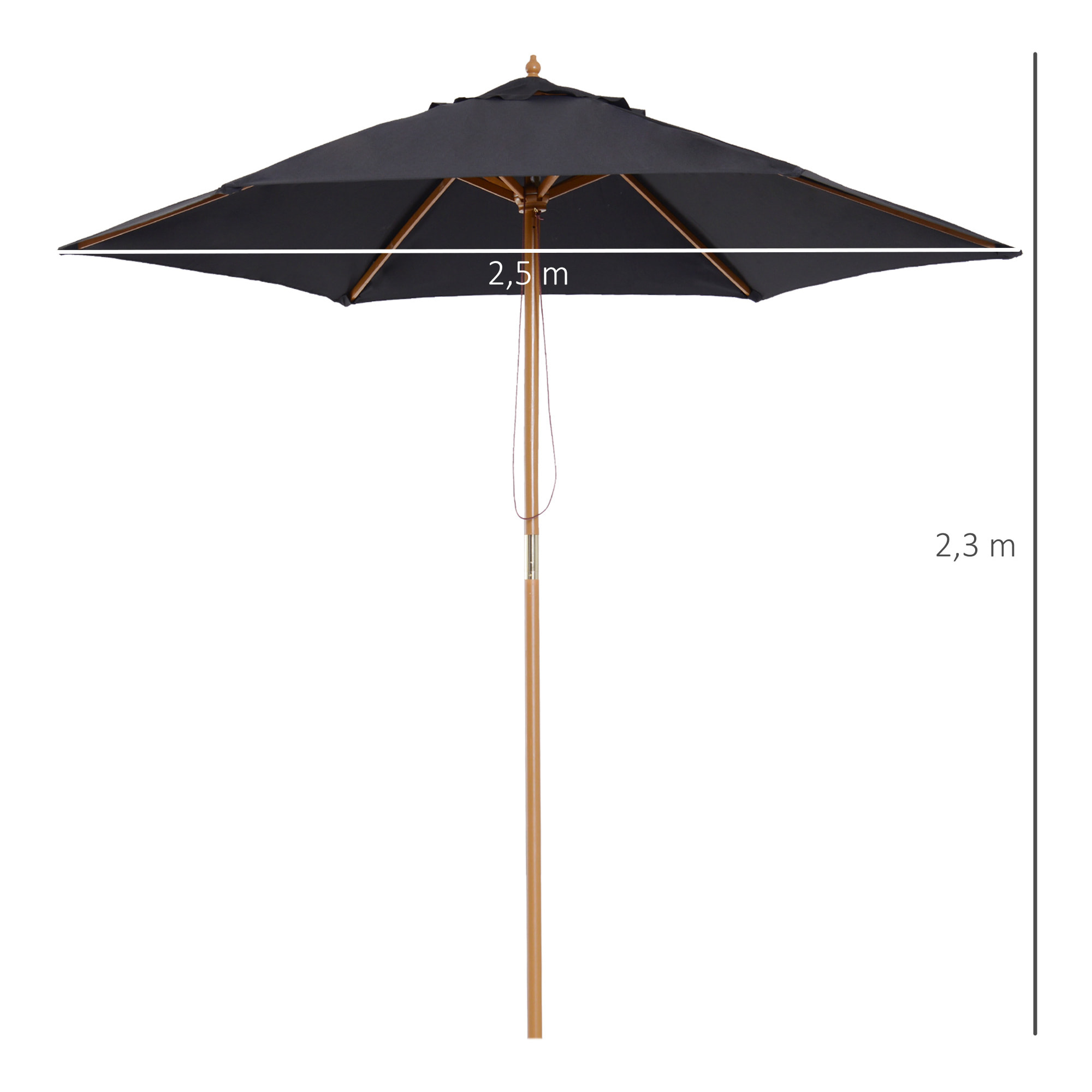 Parasol droit hexagonal grande taille de jardin Ø 2,5 x 2,3H m bois de bambou noir