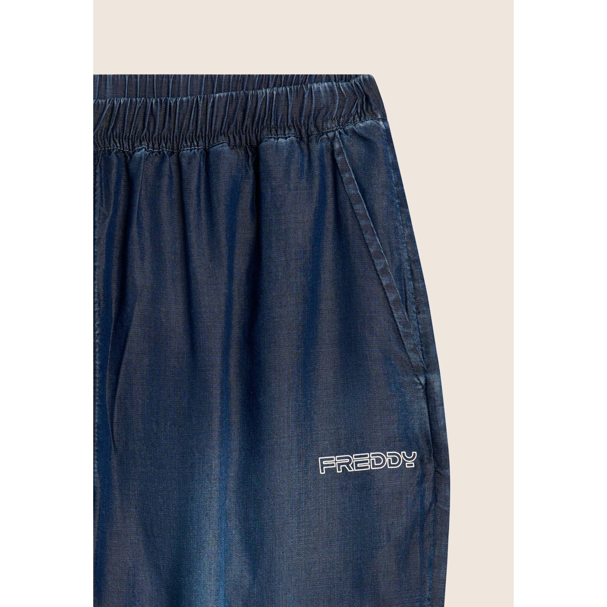 Pantaloni Sportivi Cropped in Chambray con Vita Alta