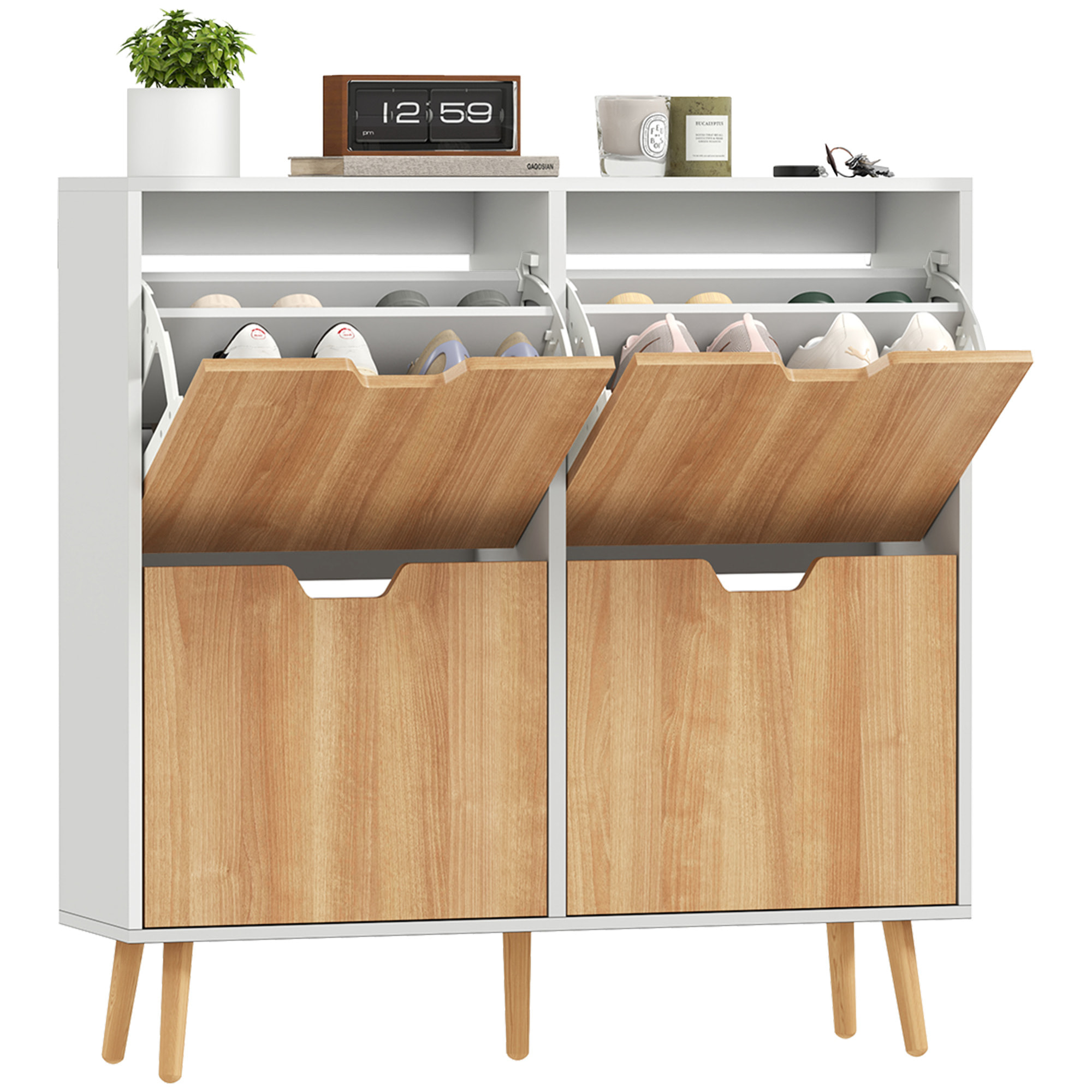 Zapatero Estrecho con 4 Cajones Abatibles, Zapatero Entrada Recibidor con Patas de Madera y Estantes Ajustables, para 16 Pares de Zapatos, para Pasillo, 95x26x95 cm, Natural y Blanco