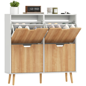 Zapatero Estrecho con 4 Cajones Abatibles, Zapatero Entrada Recibidor con Patas de Madera y Estantes Ajustables, para 16 Pares de Zapatos, para Pasillo, 95x26x95 cm, Natural y Blanco