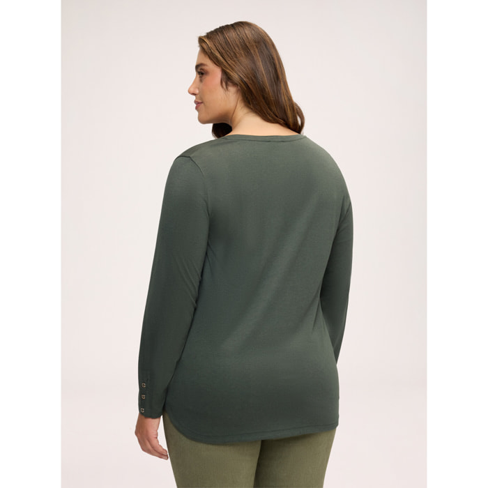 Fiorella Rubino - T-shirt in jersey con bottonicini sui polsisni - Verde militare