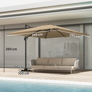 Parasol déporté pivotant inclinable 3 x 3 m alu métal polyester kaki