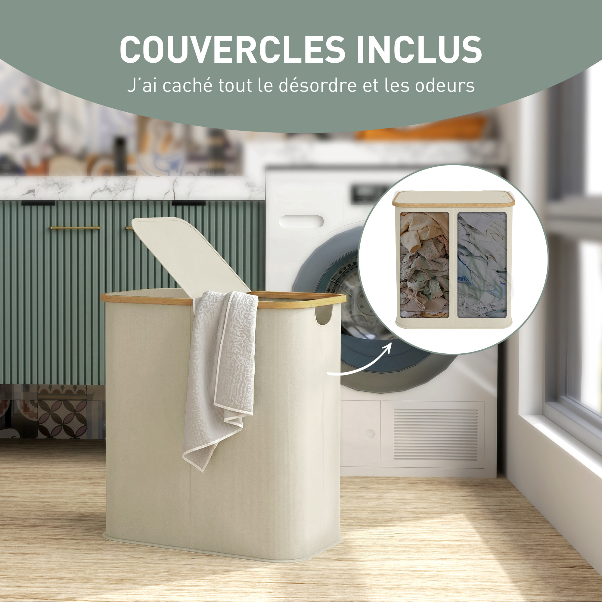Panier à linge double pliable 80L - corbeille à linge sale avec couvercle et poignées - bambou non tissé beige