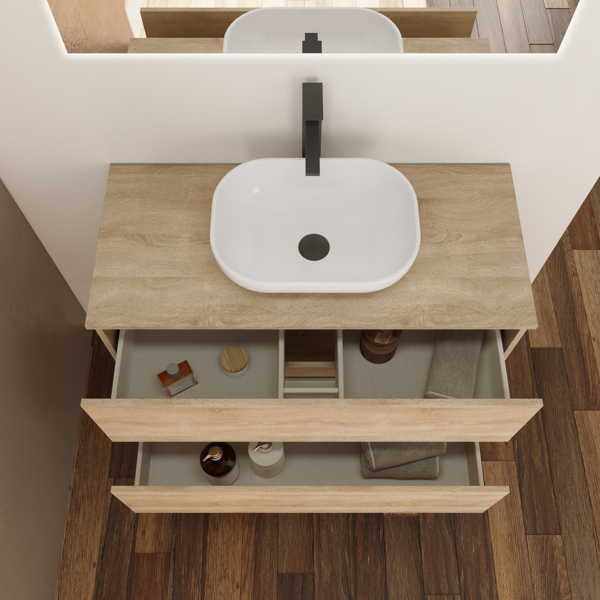 Ensemble Salle de Bain Kaji | 100 cm Bardolin | Deux Tiroirs | Lavabo Rond sur Plan | N'inclut pas le Miroir | Alday