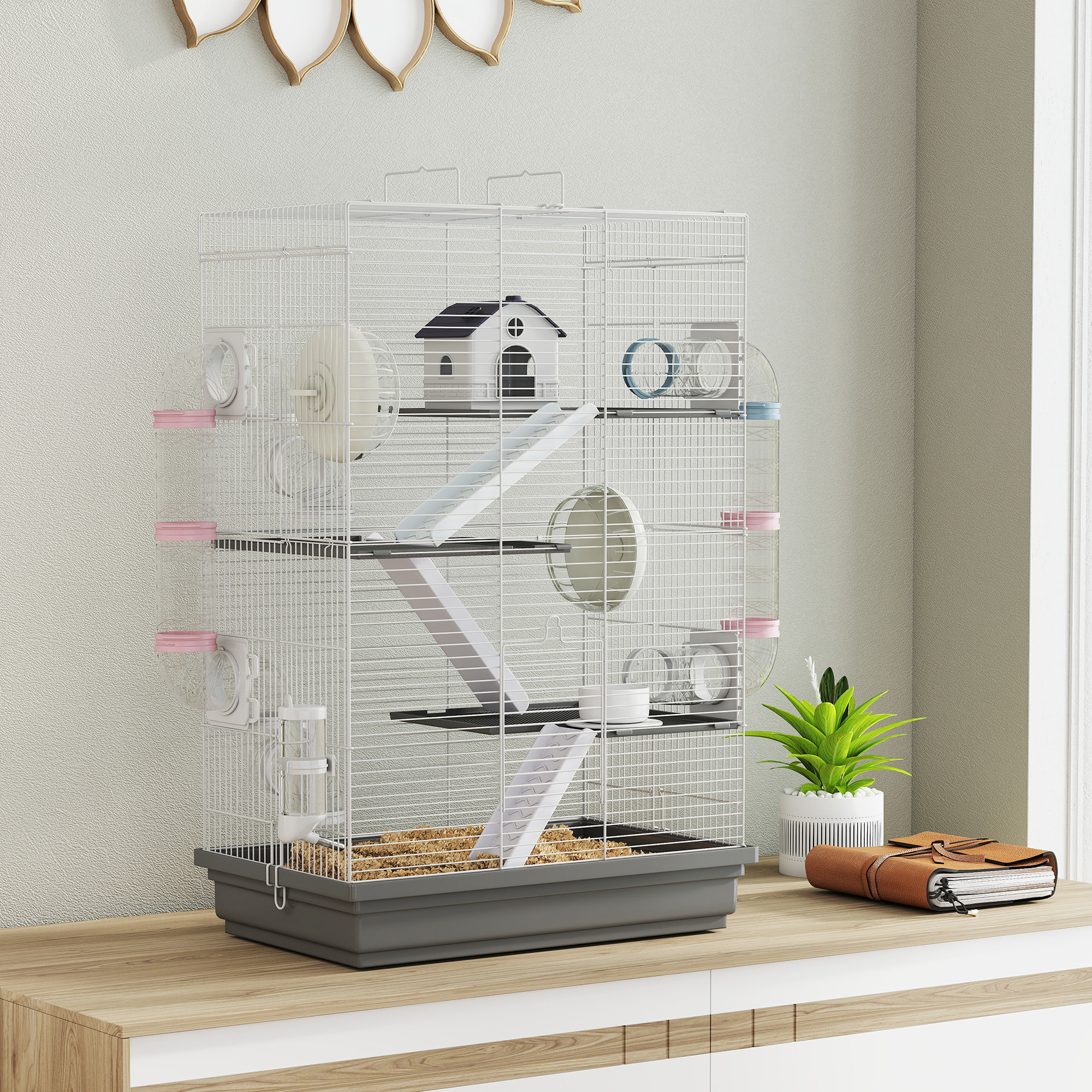 Jaula para Hámster, 47x30x70 cm, Casa para Animales Pequeños con Túnel, Plataformas, Cuenco, Bebedero, Casita, Rampas y Rueda de Ejercicio, para Hámsteres Enanos, Jerbos, Gris