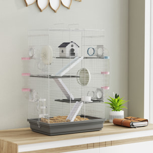 Jaula para Hámster, 47x30x70 cm, Casa para Animales Pequeños con Túnel, Plataformas, Cuenco, Bebedero, Casita, Rampas y Rueda de Ejercicio, para Hámsteres Enanos, Jerbos, Gris