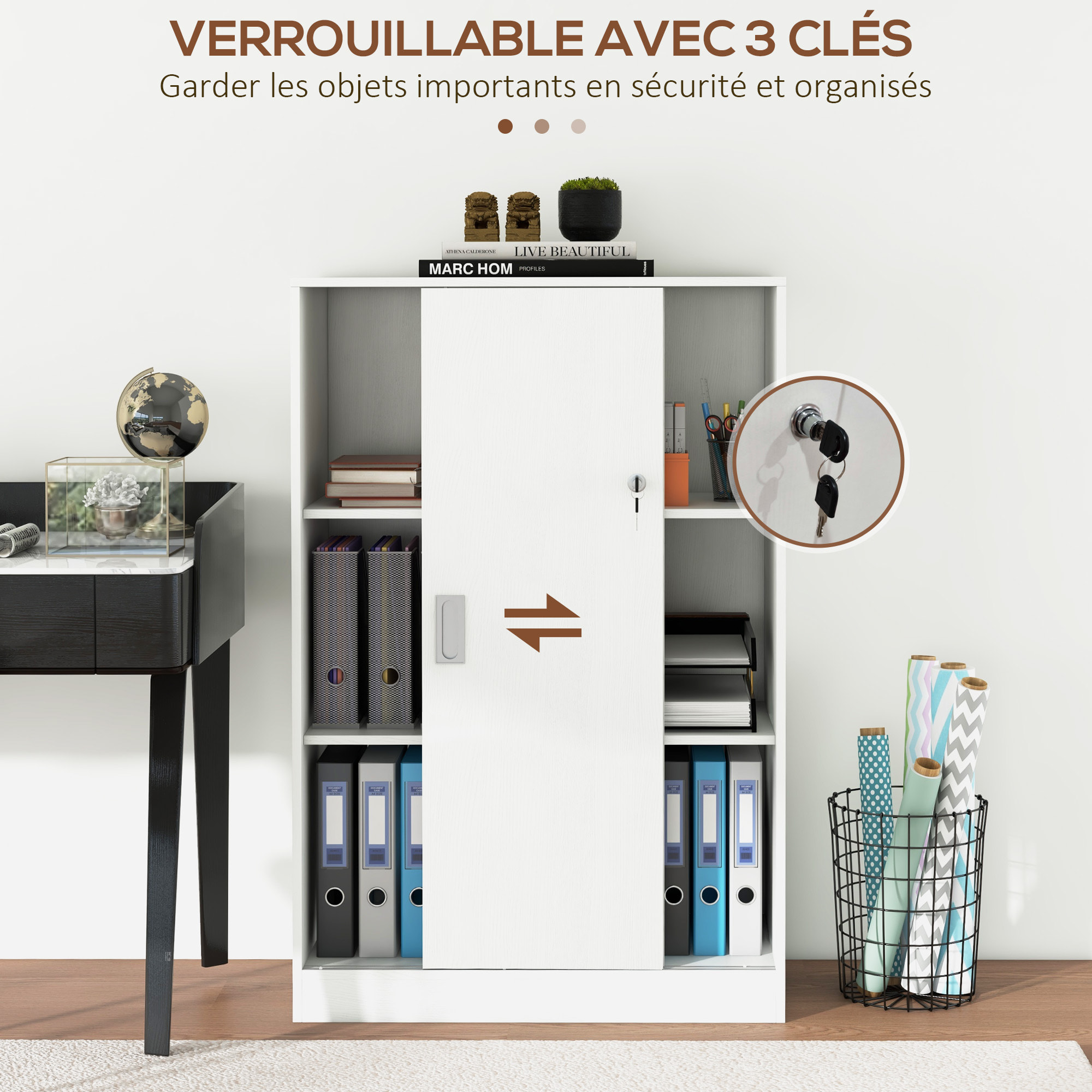 Armoire de bureau 2 portes coulissantes verrouillables dim. 80L x 40l x 120H cm 2 étagères panneaux particules blanc