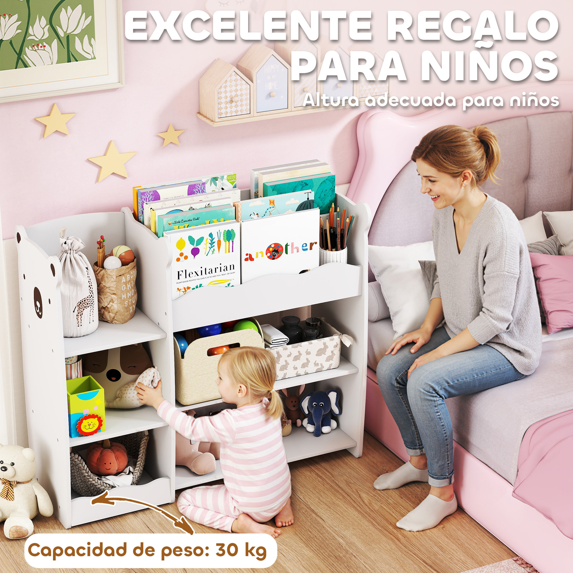Estantería Infantil para Juguetes con Estantes Abiertos, Compartimentos, Diseño de Ositos, Organizador de Juguetes para Dormitorio, Sala de Juegos, Guardería, Blanco