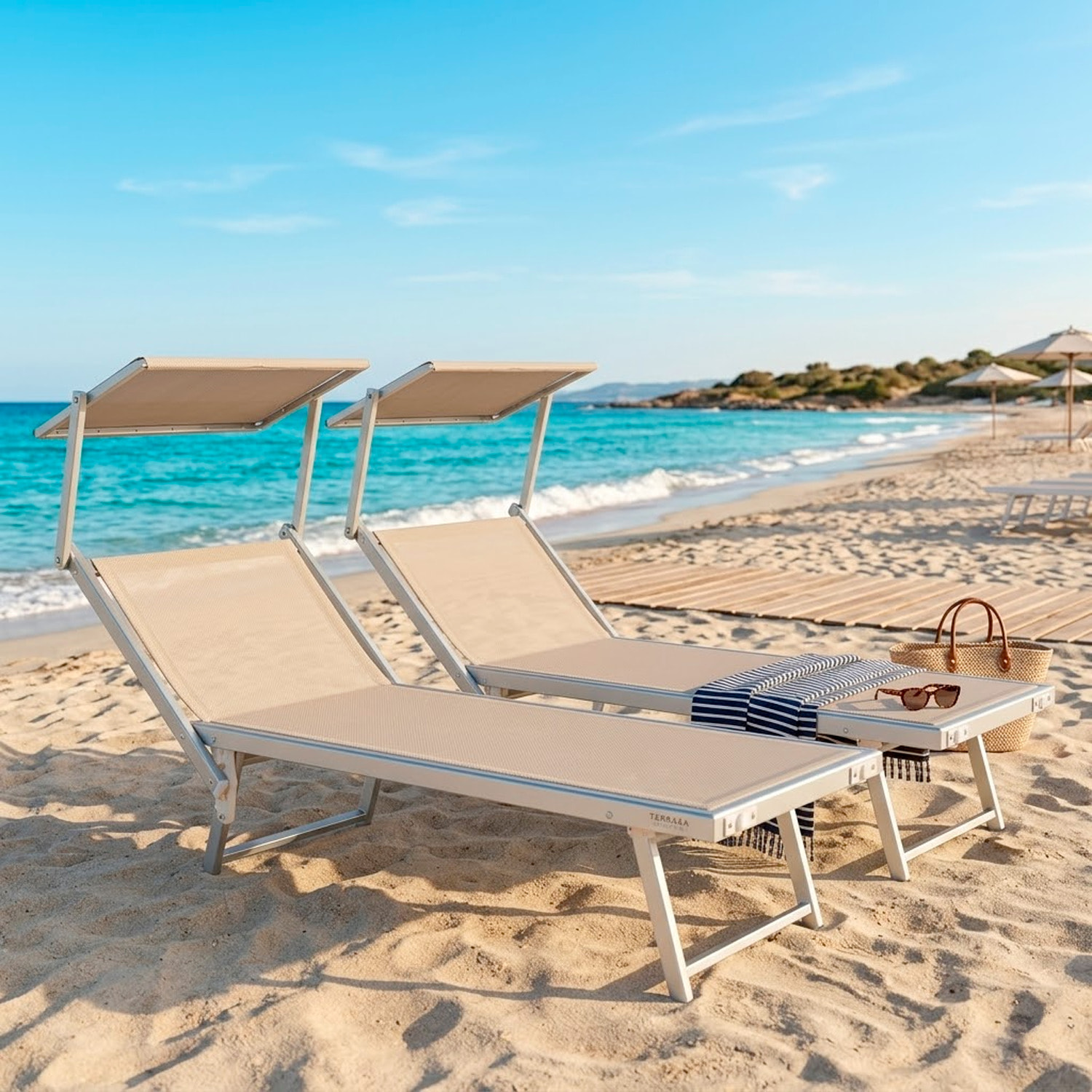 Coppia Di Lettini Prendisole Pieghevole Professionale in Alluminio e Tessuto Textilene Tettuccio Parasole Sdraio Mare Spiaggia 182x60x38 cm Beige