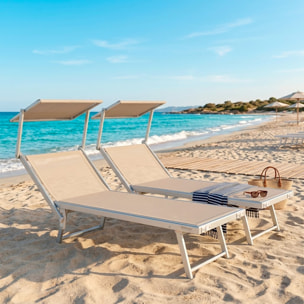 Coppia Di Lettini Prendisole Pieghevole Professionale in Alluminio e Tessuto Textilene Tettuccio Parasole Sdraio Mare Spiaggia 182x60x38 cm Beige