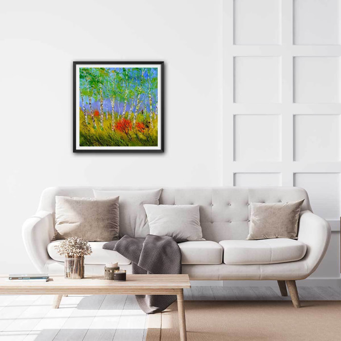 Affiche  bouleaux et coquelicots Affiche sous cadre noir