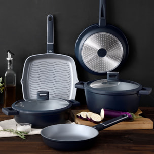 Juego de Cacerola Ø28x13cm + Cacerola baja de Ø28x8cm + Wok Ø28x8cm en Aluminio fundido con tapas INDIGO MasterPRO