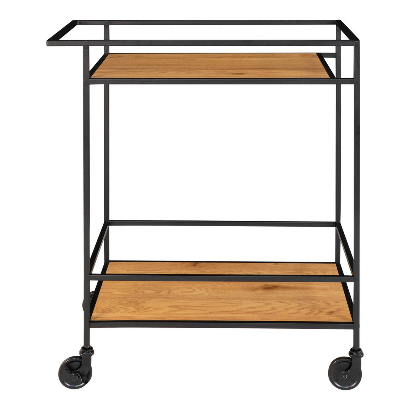 Carrello bar Vita a 2 ripiani effetto rovere con struttura in acciaio nero, 68×40×79 cm