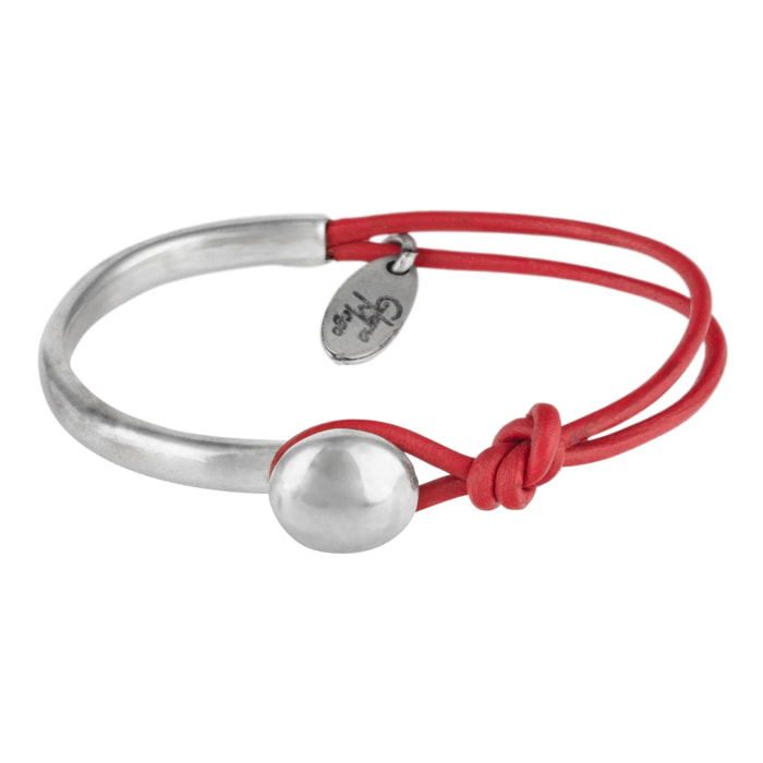 Pulsera cuero y plata Unic plata-rojo