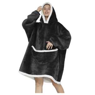 Bata estilo sudadera y manta de felpa extrasuave. Bolsillo frontal tipo canguro. Diseño liso Gris Oscuro