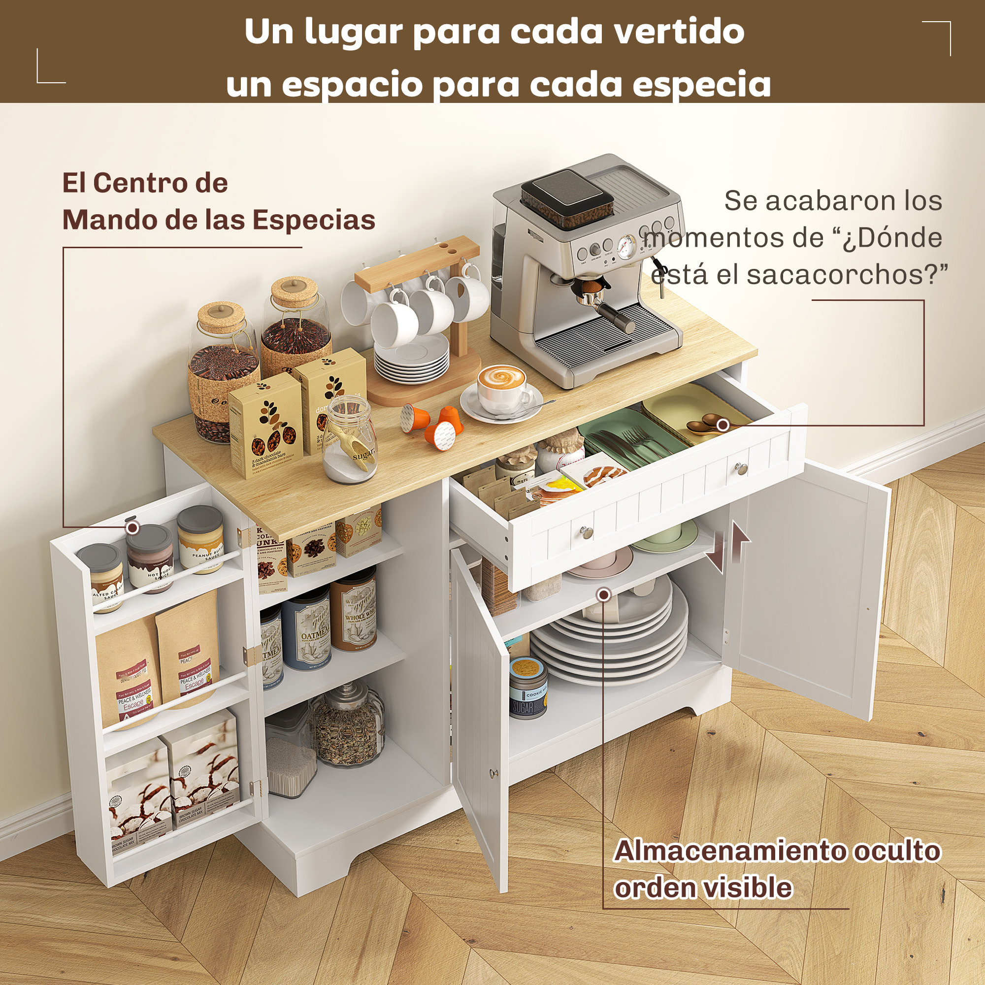 Aparador de Cocina, Armario de Cocina con 3 Estantes de Puerta, 1 Cajón, Estantes Ajustables, Aparador para Comedor, 105x40x83 cm, Blanco