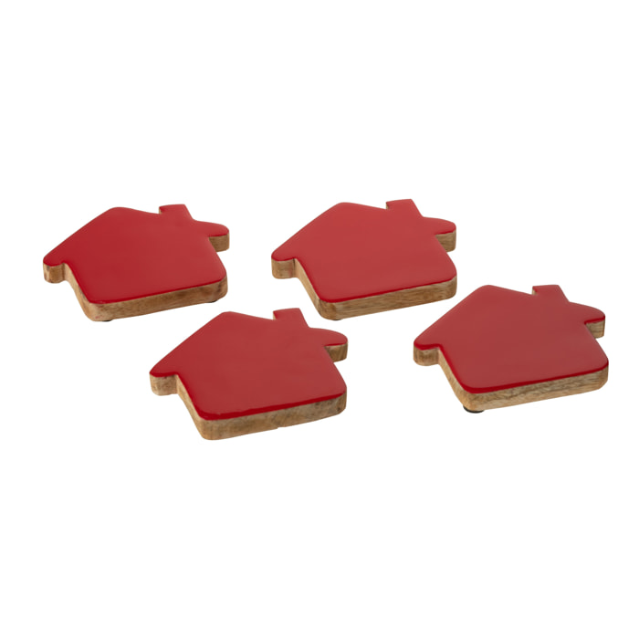 J-Line dessous de verre Maison - bois - rouge/naturel - set de 4