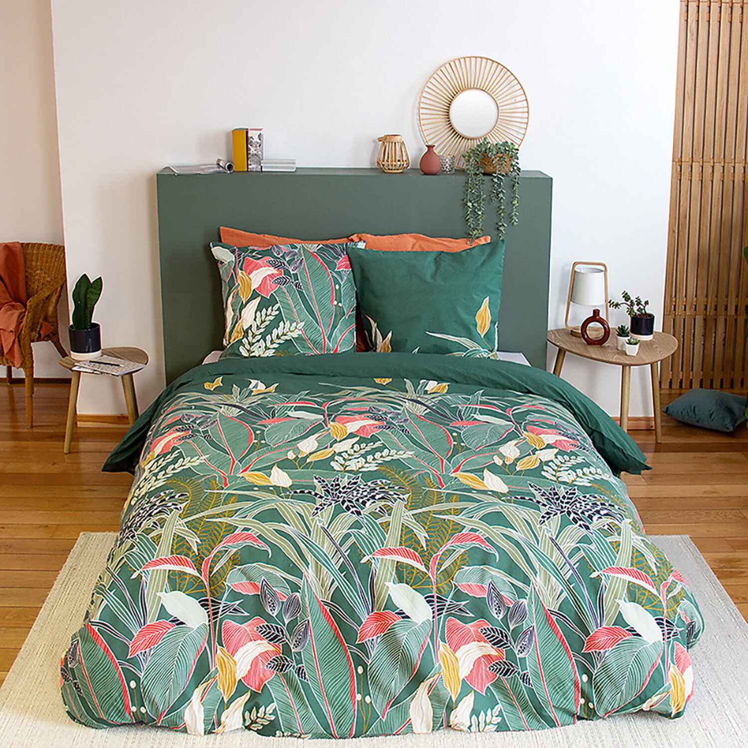 Parure housse de couette 100% motif tropical - vert