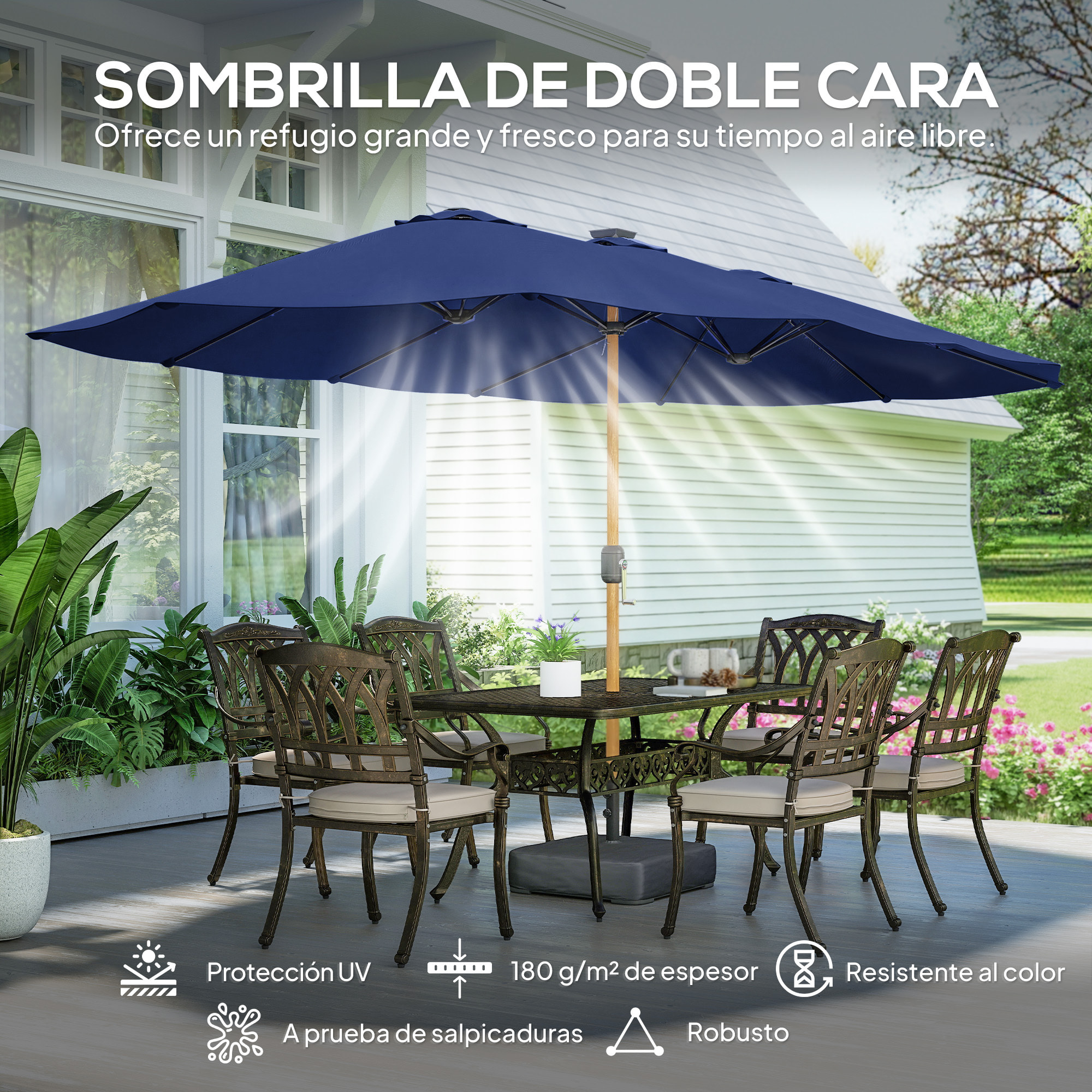 Sombrilla Doble 4,7x2,8 m, Sombrilla Terraza Exterior con Base Incluida, Manivela Manual, Sacos de Arena y Funda, Anti-UV, Resistente al Agua, Parasol para Jardín, Terraza, Patio, Azul Oscuro