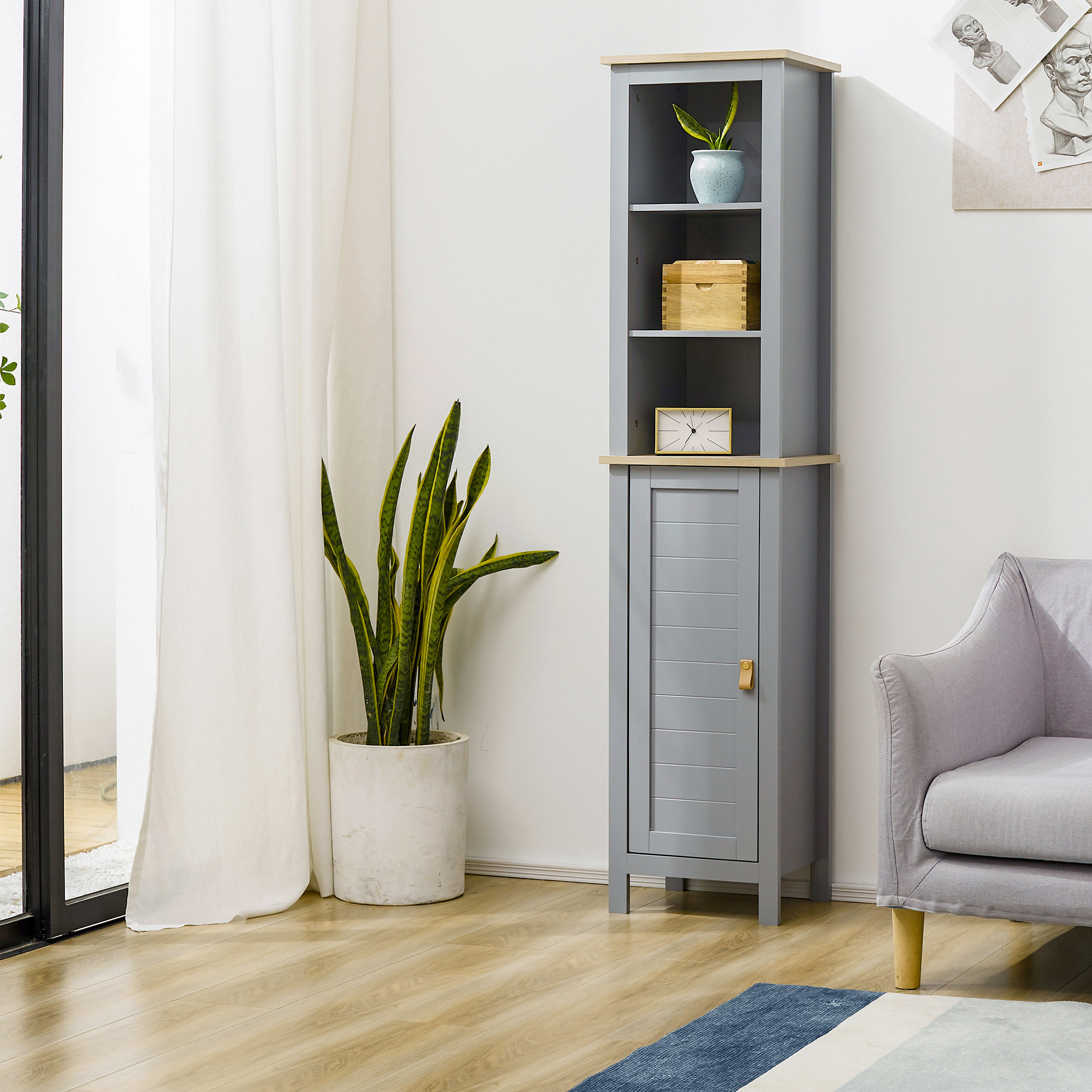 kleankin Armario Alto de Baño Mueble Columna Estrecho Moderno con 1 Puerta Estante Ajustable y 3 Compartimentos Abiertos 39x30x168 cm Gris