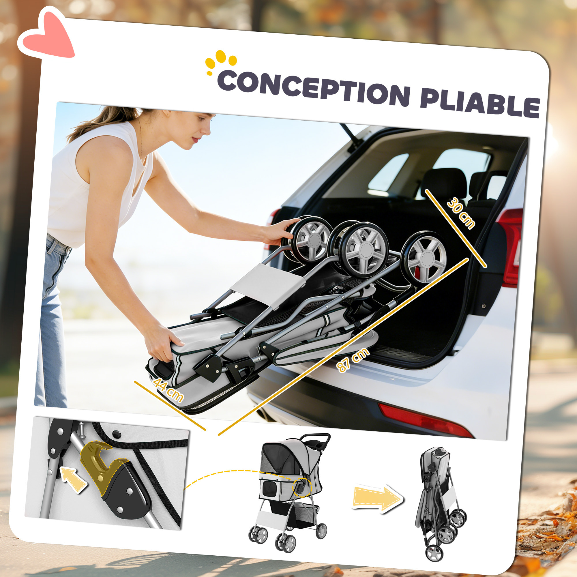 Poussette buggy pliable pour chiens tissu 600D Oxford imperméable 4 roues gris