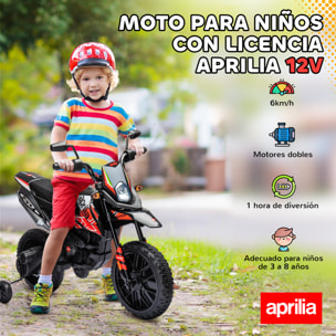 Moto Eléctrica para Niños 12V con Licencia Aprilia, Moto Eléctrica Infantil con Ruedas Auxiliares Desmontables, 6 km/h, Suspensión Trasera, Faro, Música y USB, para Niños 37-96 Meses, Rojo