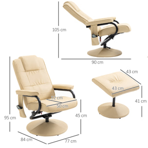 Sillón de Masaje Eléctrico con Taburete Reposapiés Sillón Relax Giratorio Reclinable hasta 145° con Control Remoto y 10 Zonas de Masaje Tapizado en PU 77x84x95 cm Beige