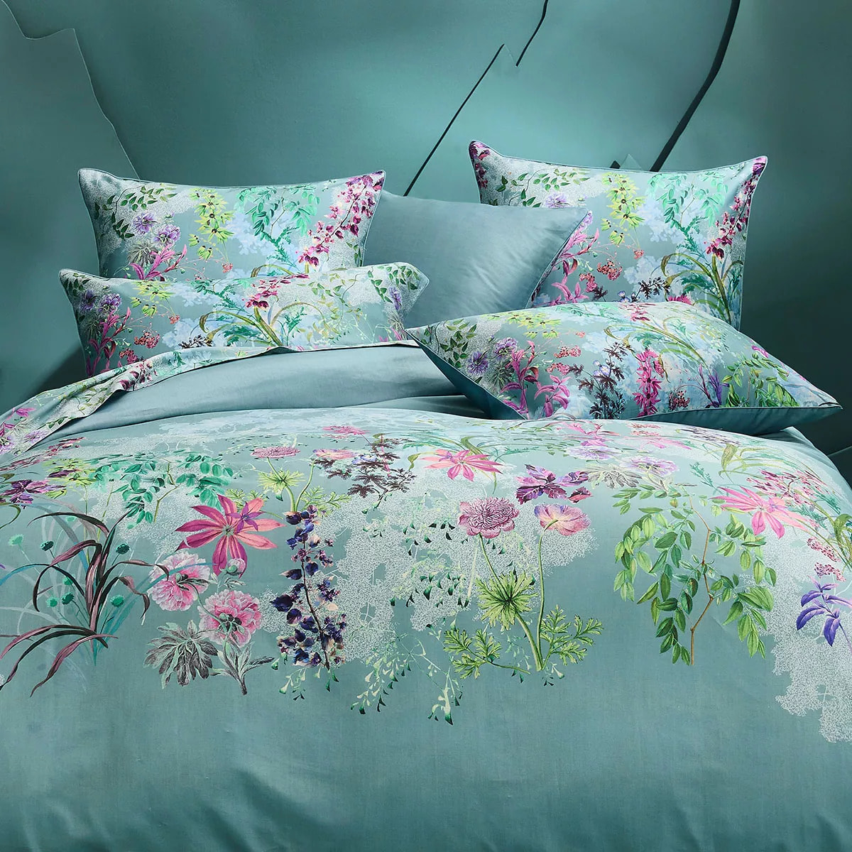 Lot de 2 taies satin de coton 90 fils/cm² 115 g/m² imprimé bleu violet Ombres boisees givre