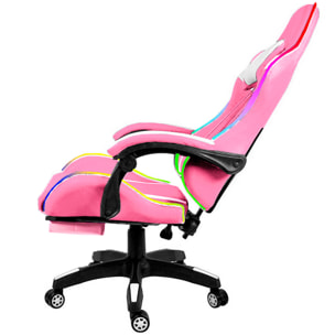 Sedia Gaming Con LED RGB Telecomando Poltrona Ufficio Scrivania Casa PC Racing Girevole Ergonomica Ecopelle Cuscino Lombare Poggiapiedi Rosa E Bianco