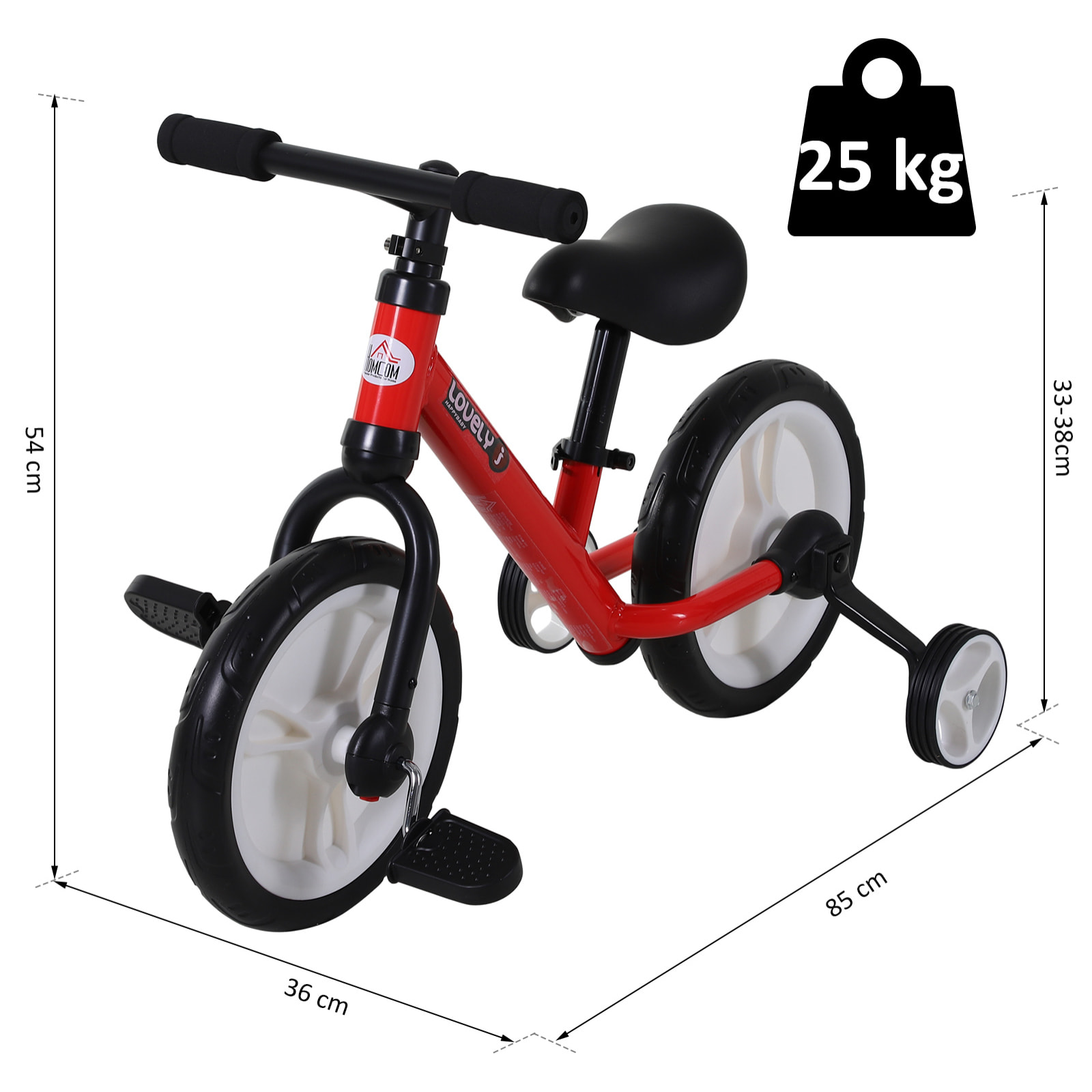 Vélo enfant draisienne 2 en 1 roulettes et pédales amovibles roues 12" hauteur selle réglable acier rouge
