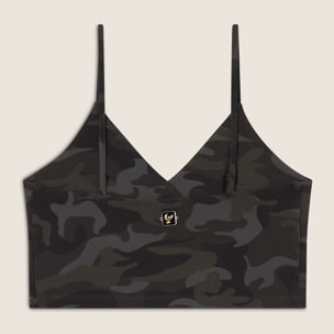 Top cropped fantasia camo con incroci frontali