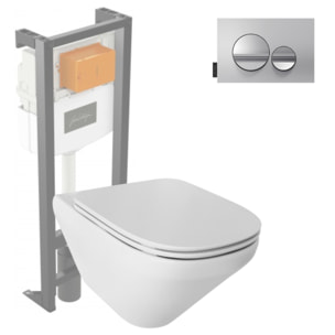 Pack WC suspendu sans bride Modern Life + abattant + bâti-support + plaque ronde chromé