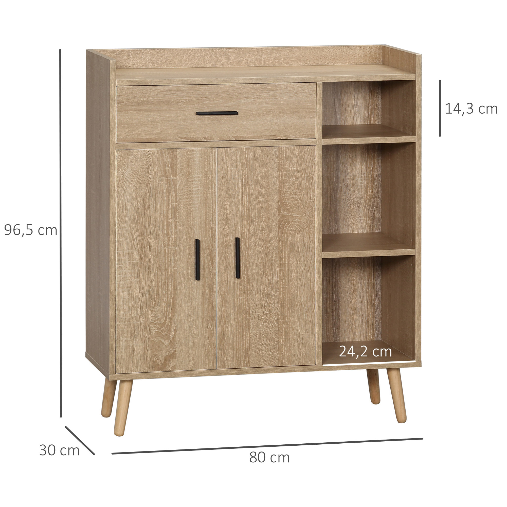 HOMCOM Aparador de Salón Moderno con 2 Puertas 1 Cajón y 3 Estantes Abiertos Mueble Auxiliar de Almacenaje para Cocina Dormitorio Entrada Antivuelco 80x30x96,5 cm Natural