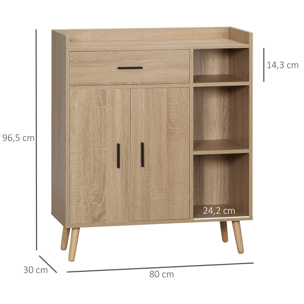 HOMCOM Aparador de Salón Moderno con 2 Puertas 1 Cajón y 3 Estantes Abiertos Mueble Auxiliar de Almacenaje para Cocina Dormitorio Entrada Antivuelco 80x30x96,5 cm Natural