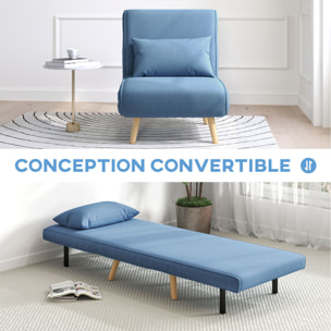 Fauteuil convertible design scandinave - fauteuil relax chauffeuse - dossier inclinable réglable, coussin - bois tissu bleu