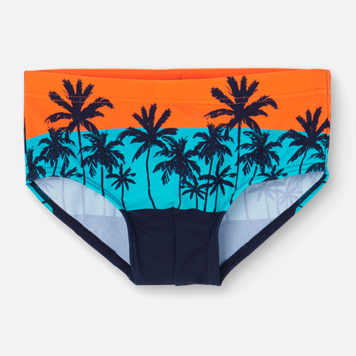 Bañador slip niño estampado, palmeras, naranja