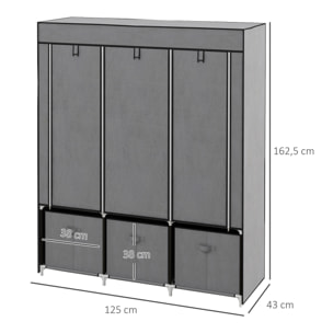 Armoire penderie pliable 5 étagères 2 tringles 3 tiroirs tissu gris