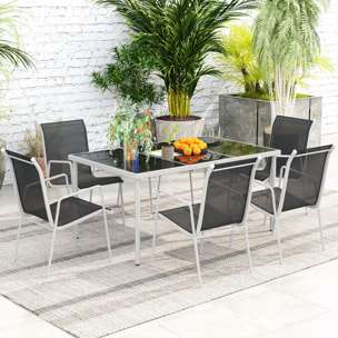 Conjunto de Comedor de Exterior Juego de Comedor de Jardín de 7 Piezas con 1 Mesa 6 Sillas Apilables y Marco de Acero para Terraza Patio Negro