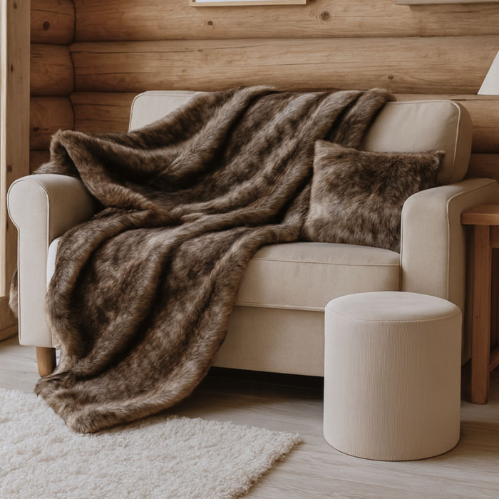 Plaid  imitation fourrure   - Effet loup brun doublé velours - Marron Brun