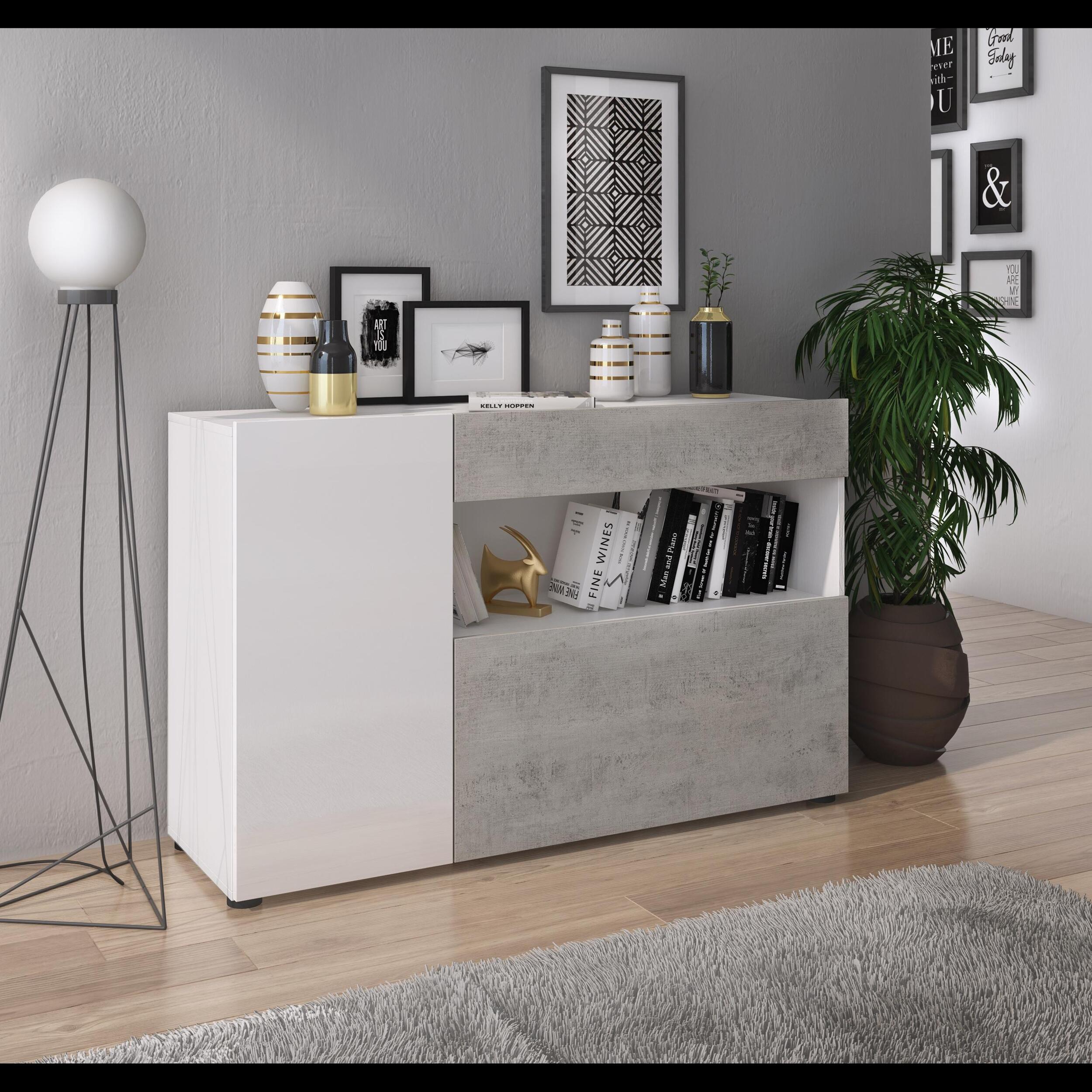 Credenza Moderna Madia Mobile Contenitore Con 2 Ante 1 Cassetto Ripiani Interni Design Minimal Soggiorno Salotto 130x81x41 Cm Bianco Grigio Cemento
