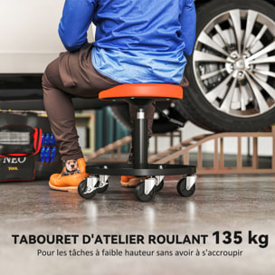 Tabouret d'atelier mobile - tabouret de mécanicien - pivotant réglable H.38-50 cm, plateau outils - orange