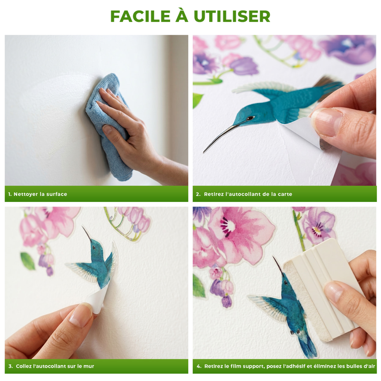 Stickers Muraux décoration adhésifs oiseaux et fleurs violettes