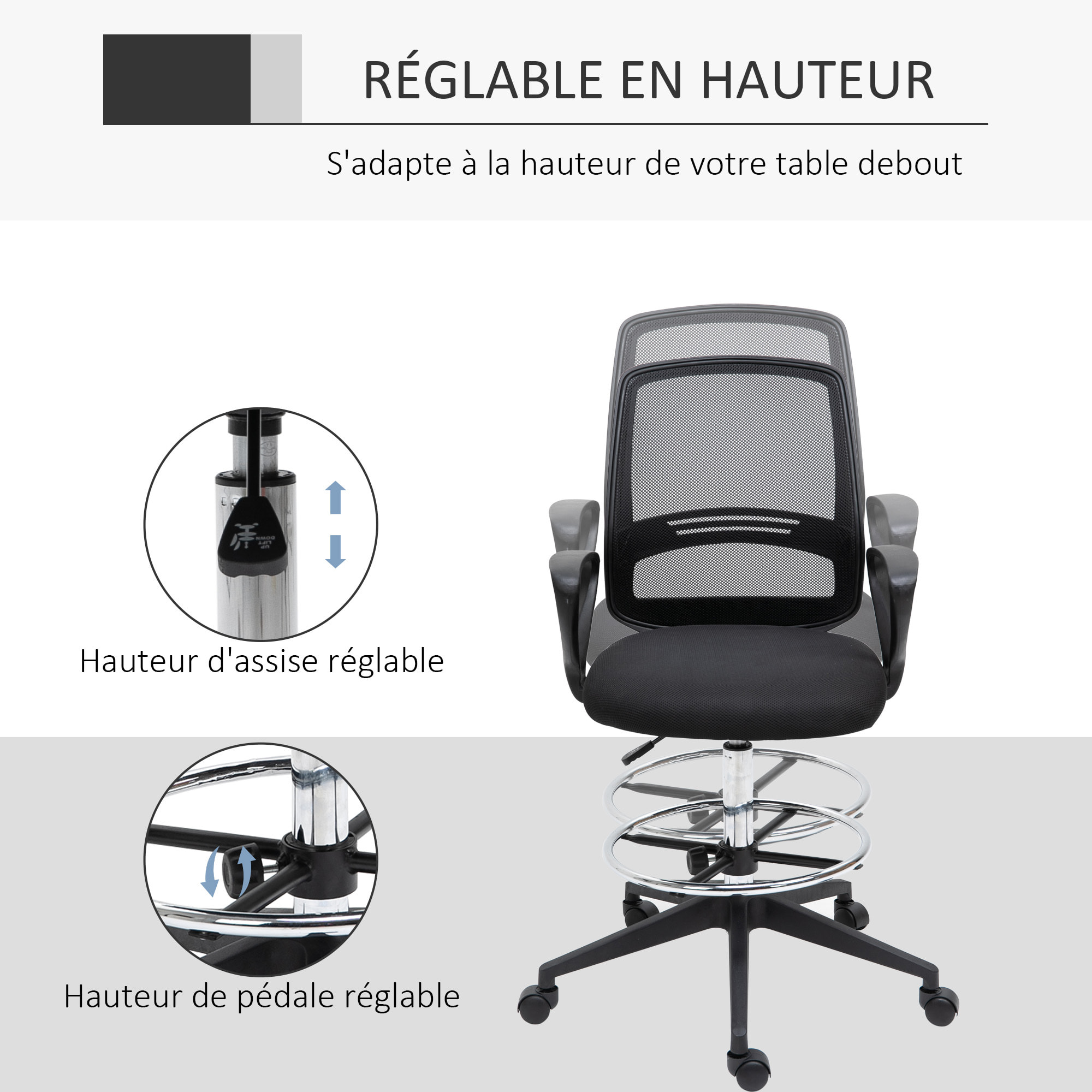 Chaise de bureau assise haute réglable dim. 59L x 60l x 102-126H cm pivotant 360° tissu maille respirante noir