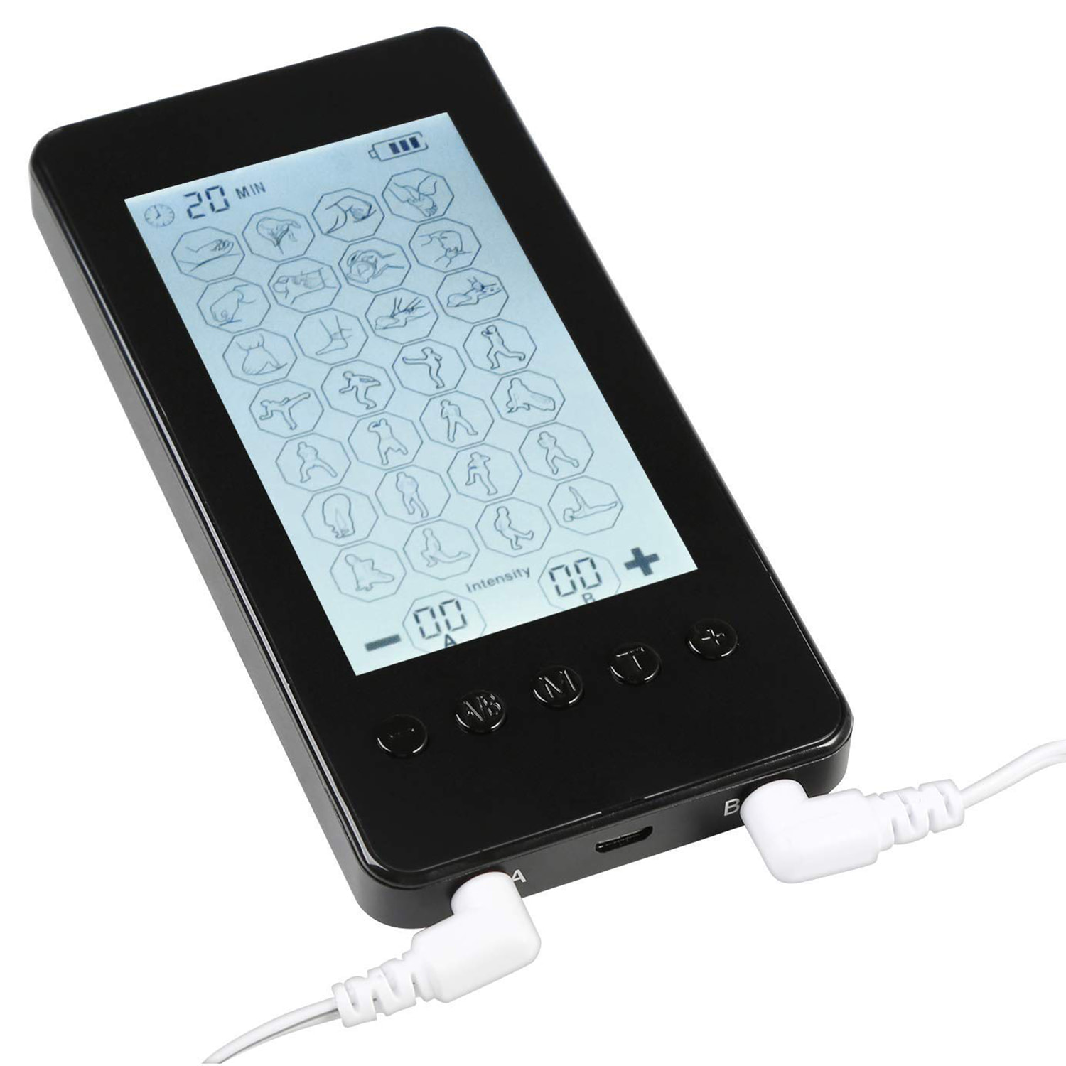 EMS Stimolatore Muscolare MHD-28 portatile. 28 modalità, 20 intensità, 2 canali duali. Dimensioni compatte, batteria ricaricabile.