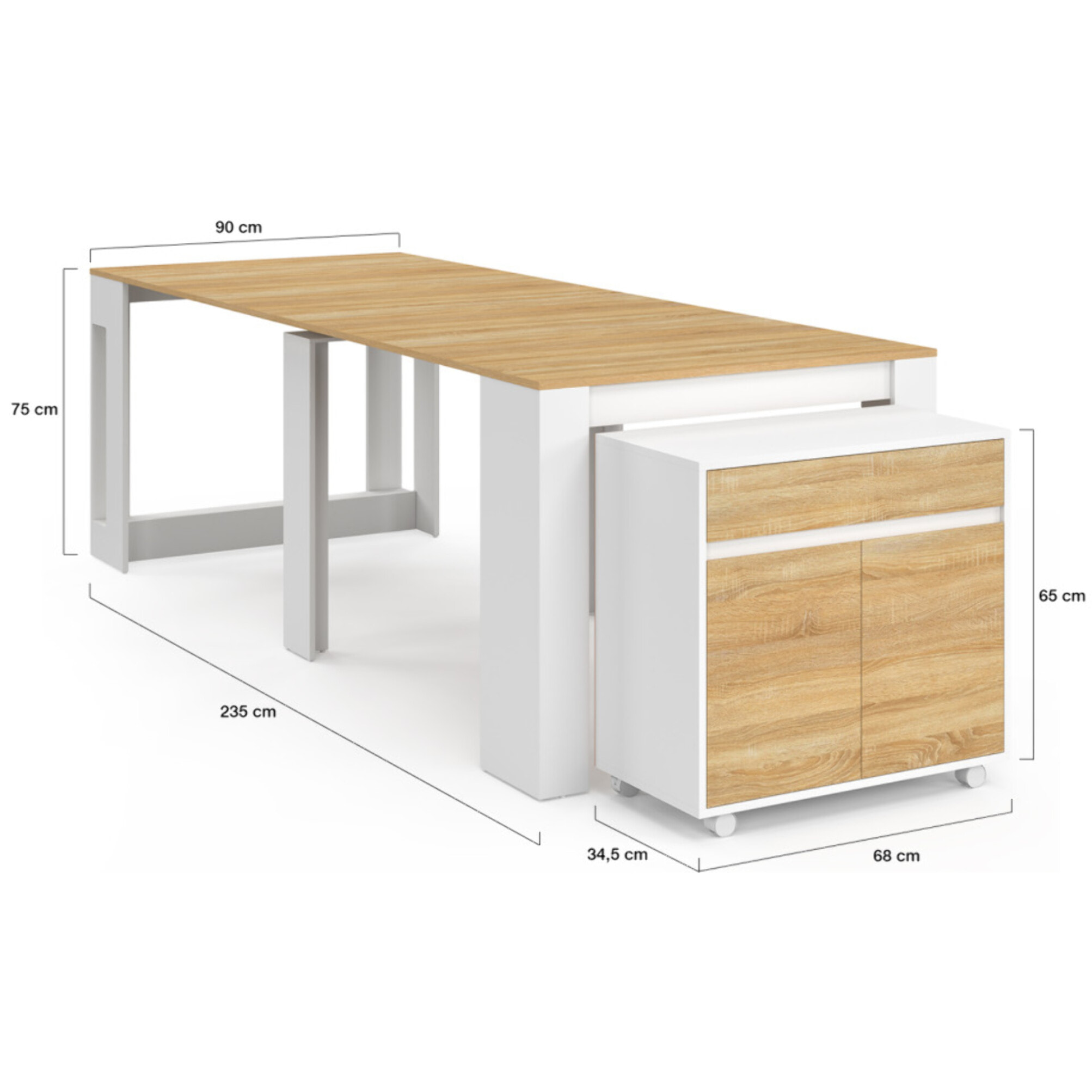 Buffet extensible console Nora blanc effet hêtre 230cm