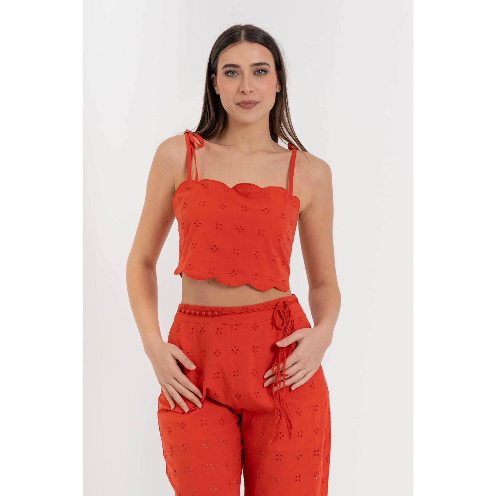 Kocca - Top crop in cotone sangallo con spalline a fiocco Donna