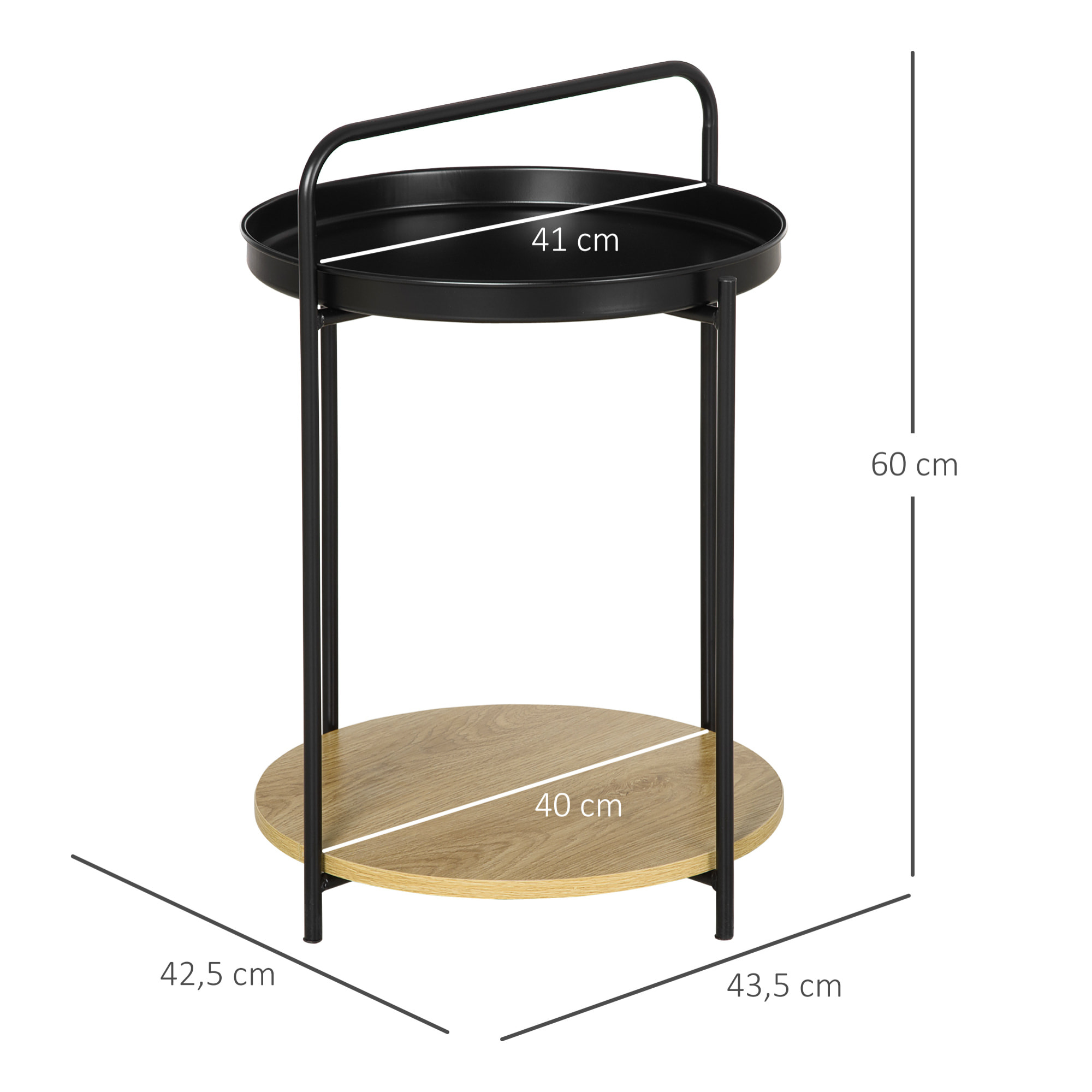 Table d'appoint guéridon bout de canapé design néo-rétro plateau étagère amovibles acier noir aspect chêne clair