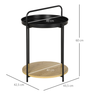 Table d'appoint guéridon bout de canapé design néo-rétro plateau étagère amovibles acier noir aspect chêne clair